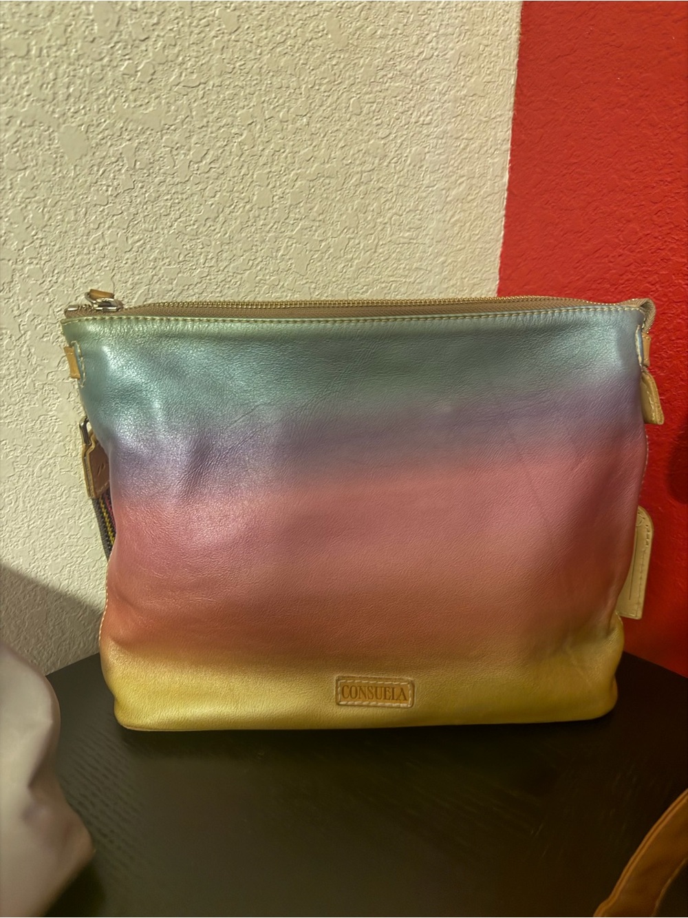 Consuela Ombre Leather Cosmetic Pouch - Green Blue Purple Pink Yellow